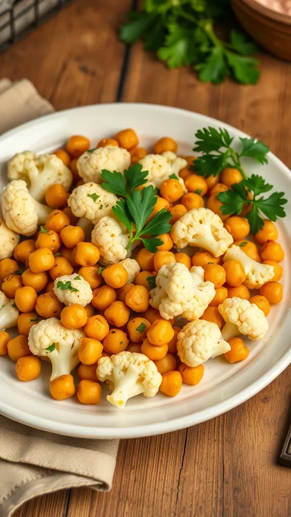 A plate of roasted cauliflower and chickpeas garnished with parsley on a wooden table.
