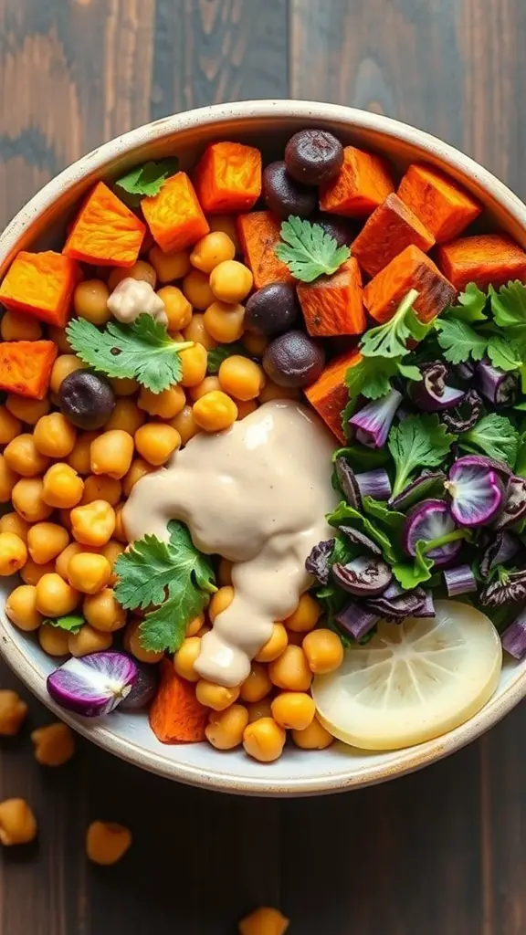 A colorful Buddha bowl featuring roasted sweet potatoes, chickpeas, fresh greens, and tahini sauce.