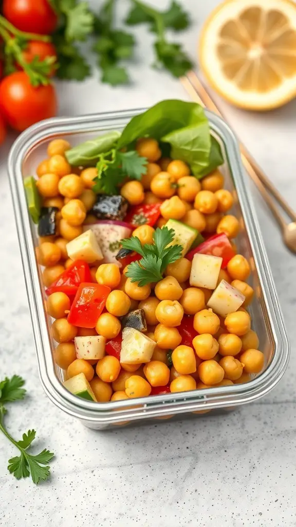A colorful chickpea salad with diced vegetables and lemon dressing in a lunch box.
