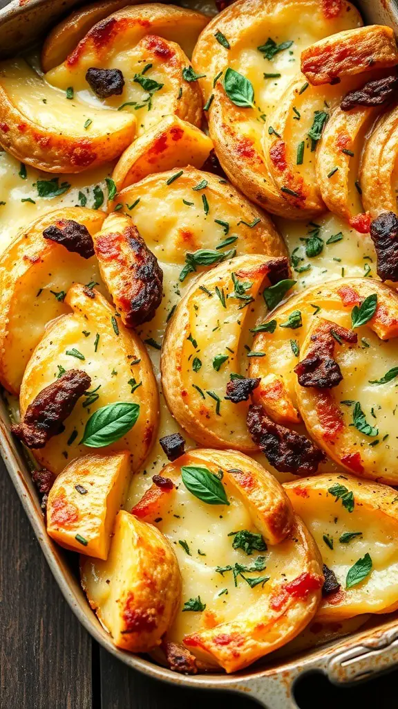 A close-up of Italian Herb Potato Gratin with golden, crispy edges and fresh herbs on top.