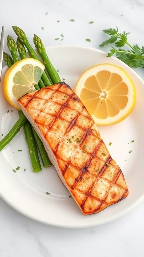 Grilled salmon with steamed asparagus and lemon slices on a white plate.