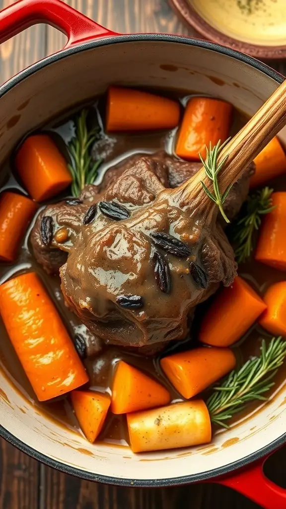 Braised lamb shanks with root vegetables in a Dutch oven.