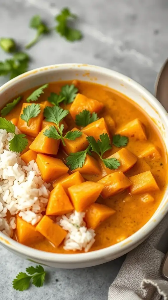 A bowl of creamy sweet potato coconut curry with rice and cilantro