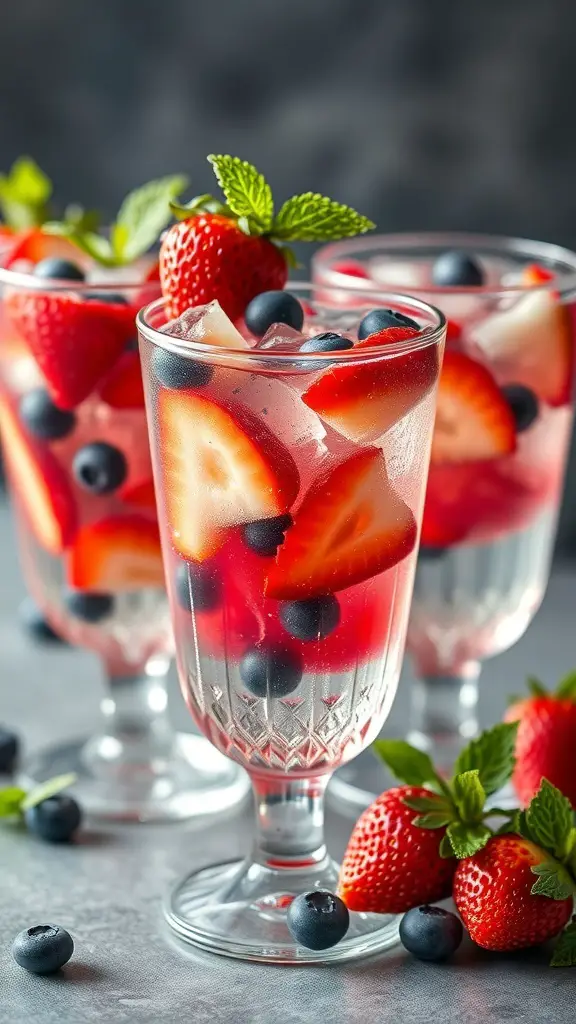 A refreshing Berry Bliss Sparkler punch with strawberries, blueberries, and mint in elegant glasses.
