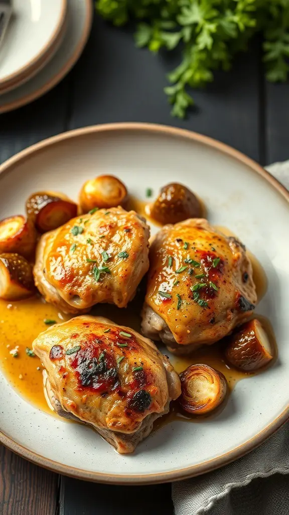 Oven-roasted chicken thighs served with Brussels sprouts on a plate.