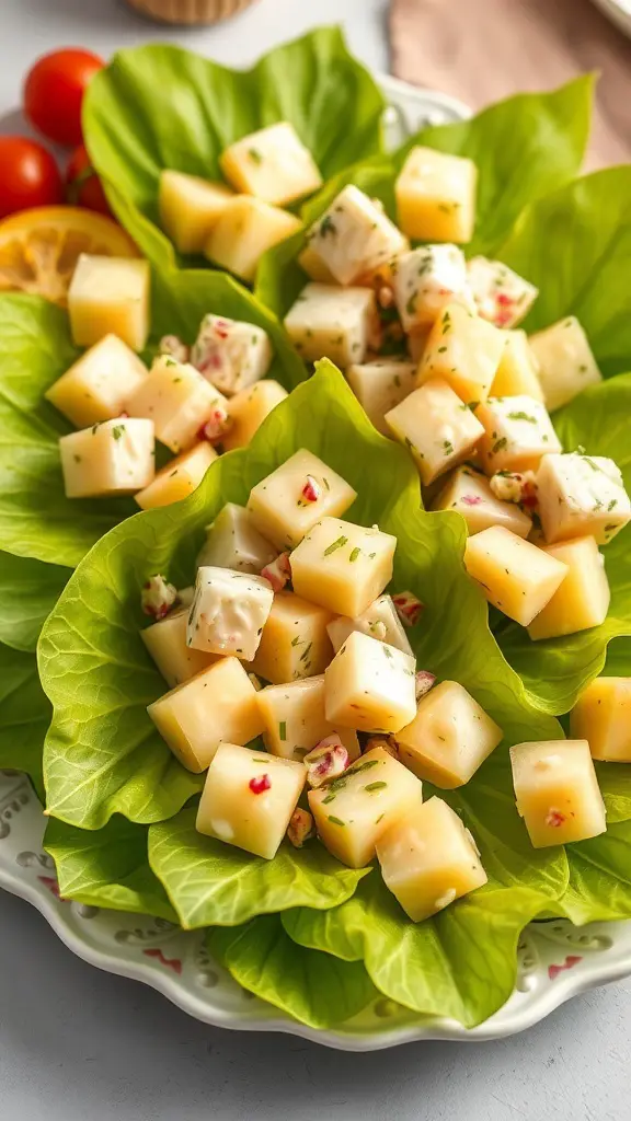 Potato salad bites served on endive leaves, garnished with herbs