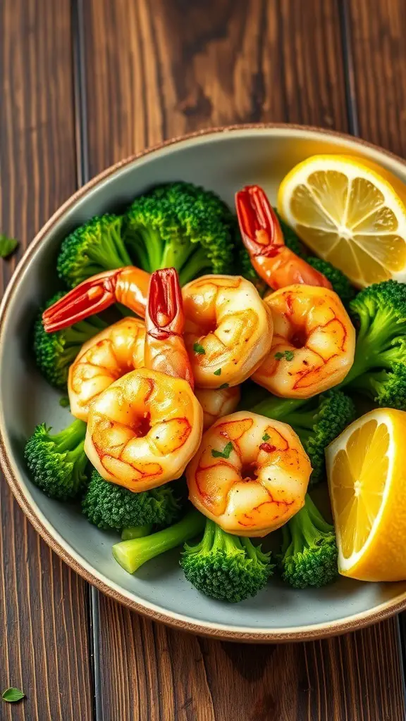 A plate of garlic butter shrimp with broccoli and lemon slices