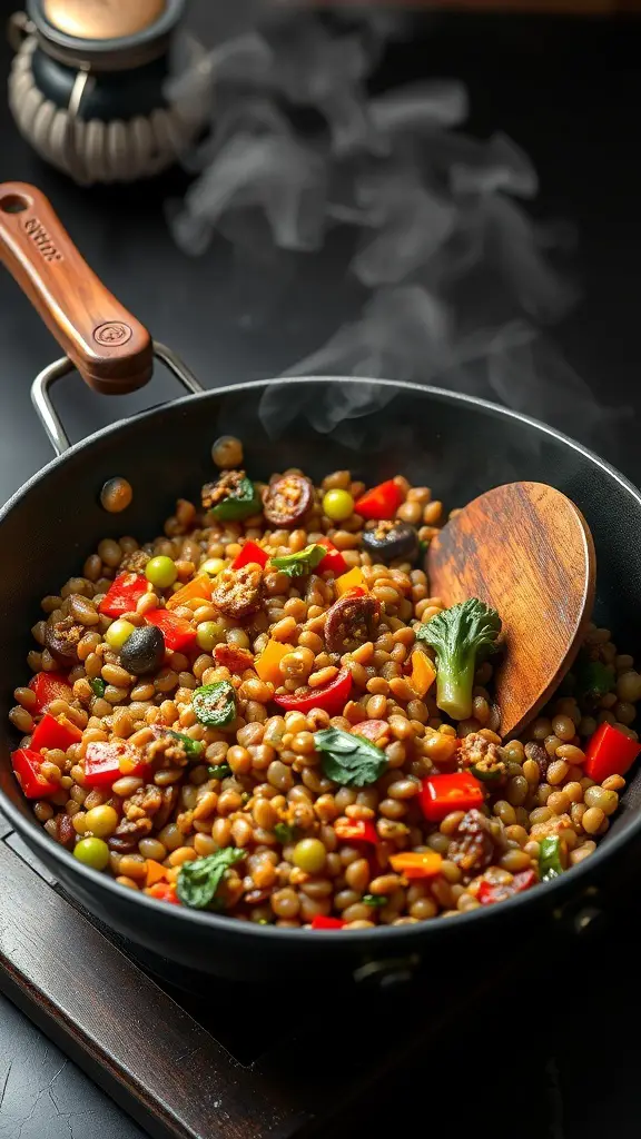 A colorful lentil and vegetable stir-fry in a pan, with steam rising and a wooden spoon resting inside.
