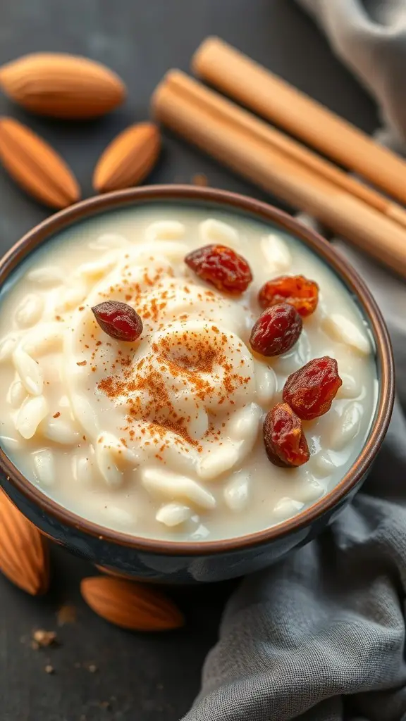 A bowl of rice pudding topped with dried fruits and cinnamon, surrounded by almonds and cinnamon sticks.