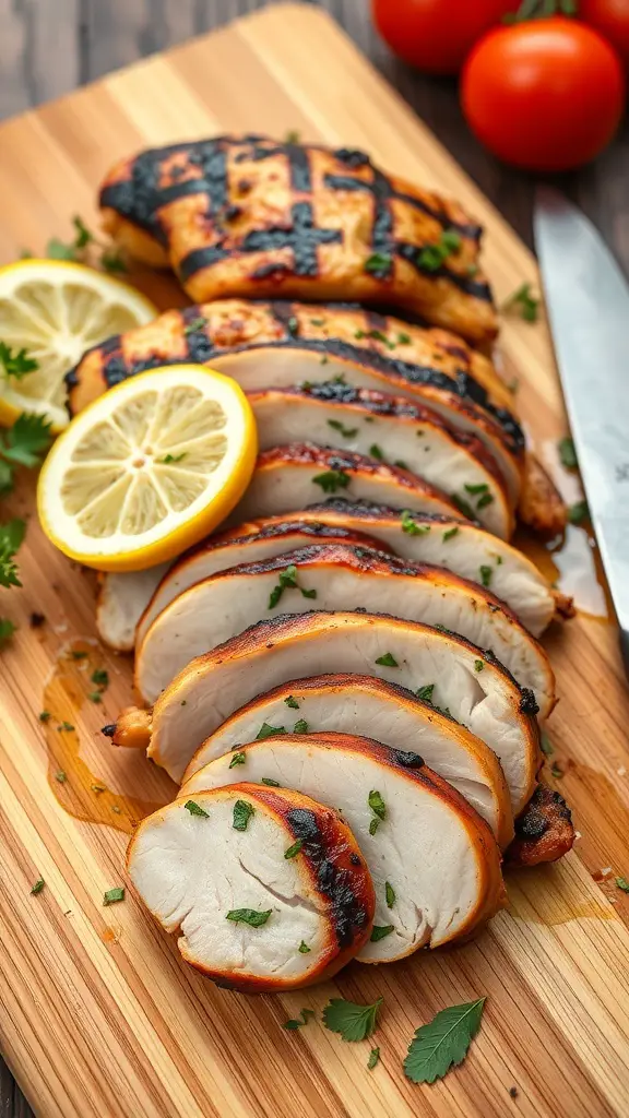 Grilled lemon herb chicken breast slices on a wooden cutting board with lemon slices and fresh herbs.