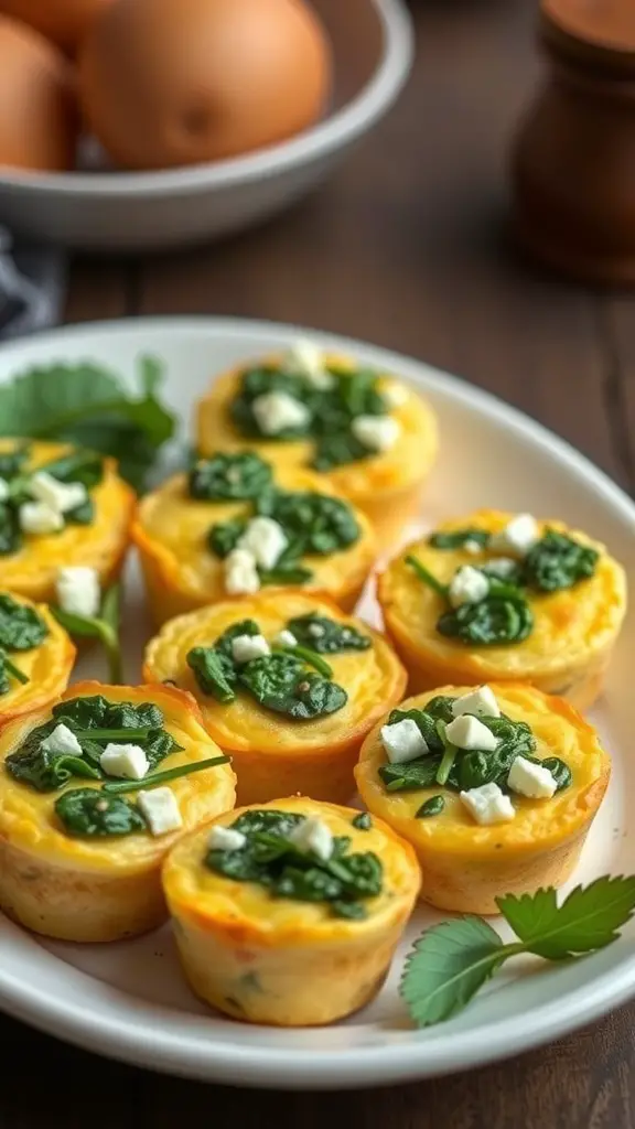 A plate of egg muffins with spinach and feta cheese, surrounded by fresh eggs and spices.