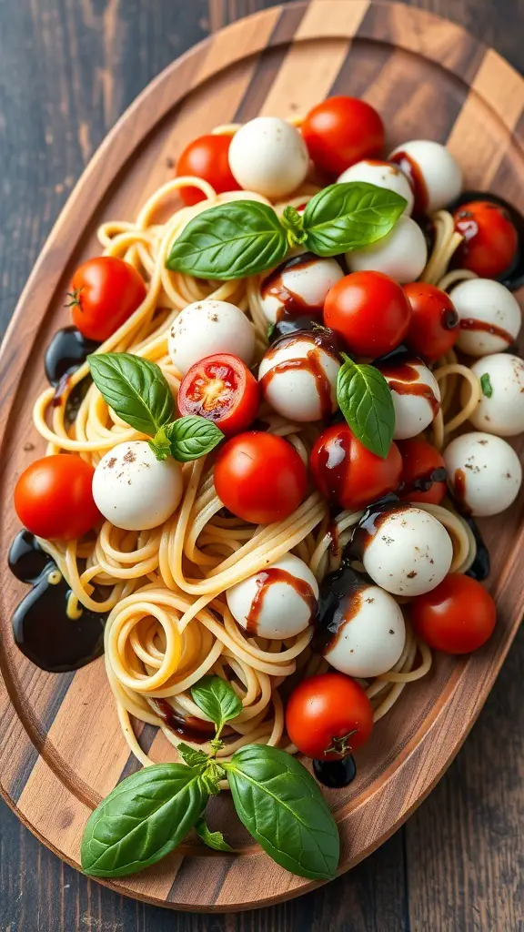 A wooden platter filled with Caprese pasta salad featuring spaghetti, cherry tomatoes, mozzarella balls, and fresh basil drizzled with balsamic glaze.