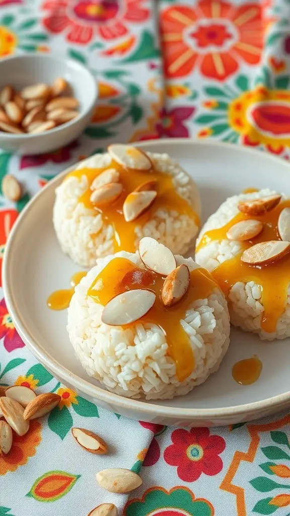 Rice cakes topped with honey and almonds on a colorful tablecloth
