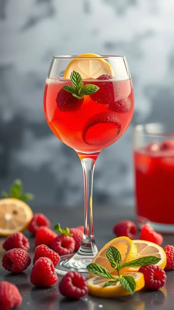 A refreshing Raspberry Lemon Sparkle drink garnished with mint and lemon slices, surrounded by fresh raspberries.