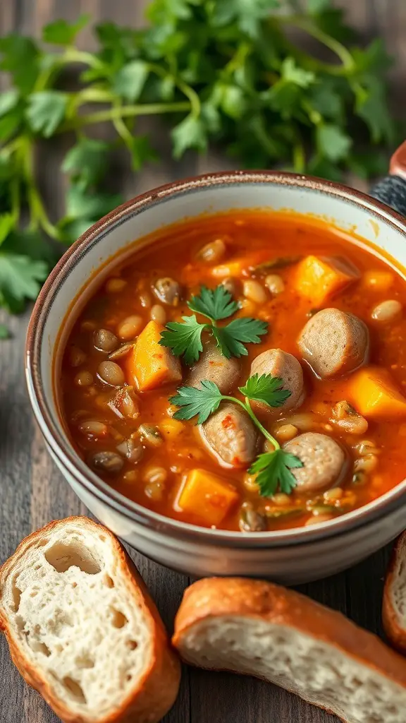 A bowl of spicy lentil and sausage soup with fresh herbs and slices of bread.