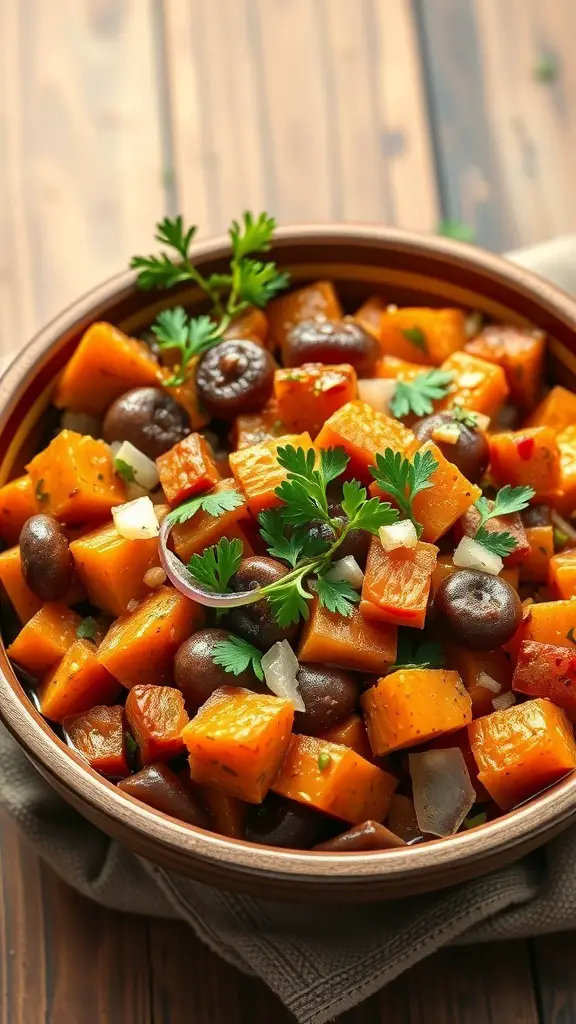 A bowl of sweet potato hash with bell peppers and onions, garnished with fresh herbs.