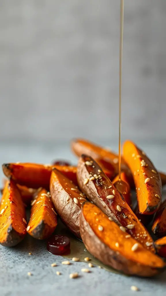 Maple glazed sweet potato wedges drizzled with syrup