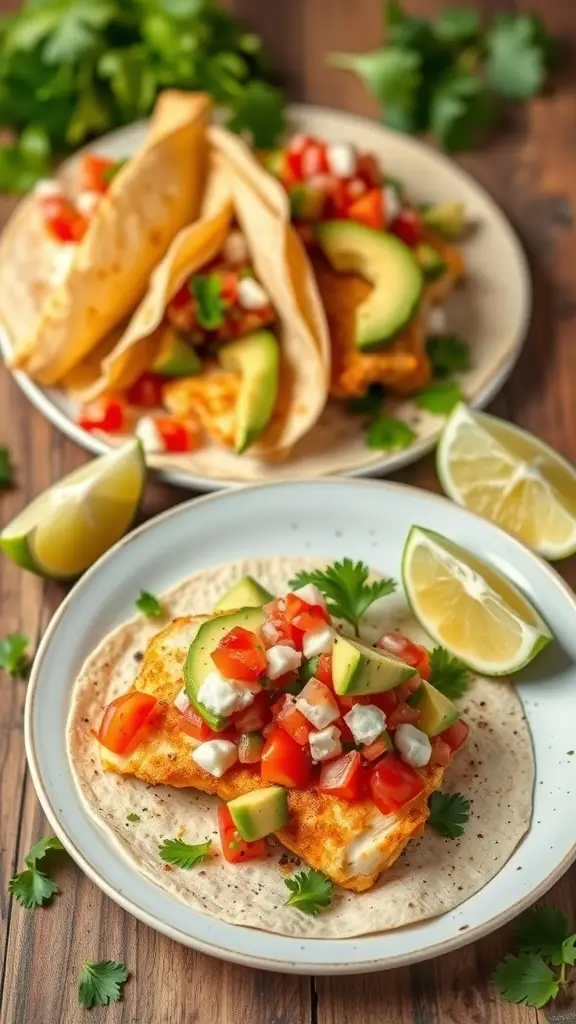 Crispy baked fish tacos with avocado, tomatoes, and lime on a wooden table