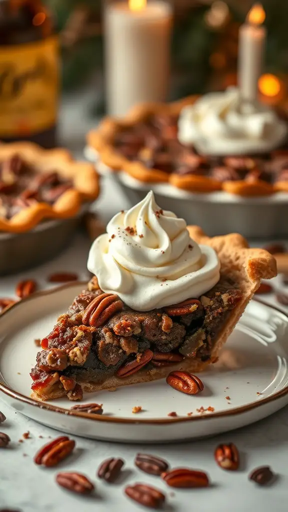 A slice of pecan pie topped with bourbon whipped cream, surrounded by whole pecans and candles.