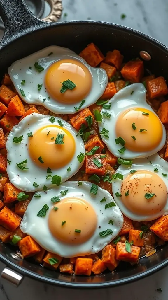 A skillet filled with sweet potato hash topped with fried eggs and fresh herbs.