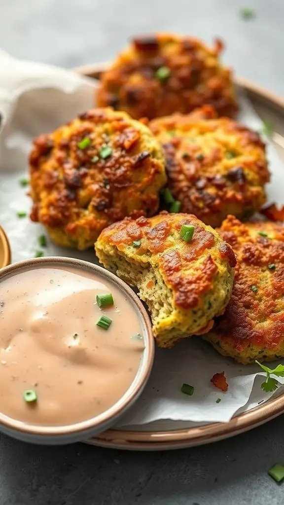 Plate of herbed turkey and zucchini fritters with a creamy dipping sauce