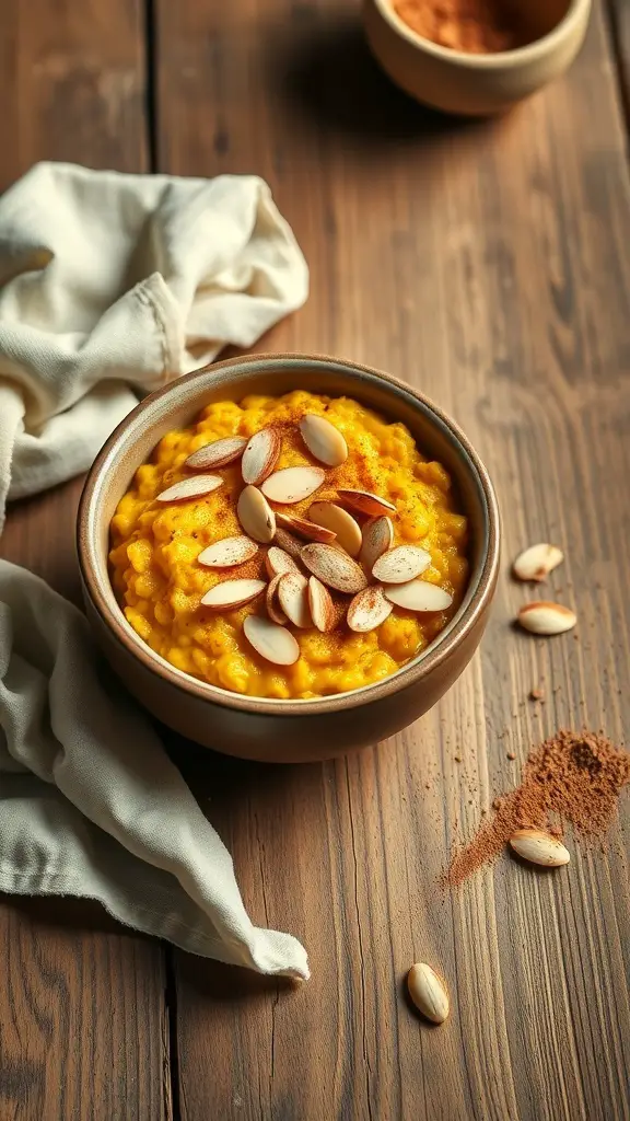 A bowl of turmeric oatmeal topped with sliced almonds on a wooden table.