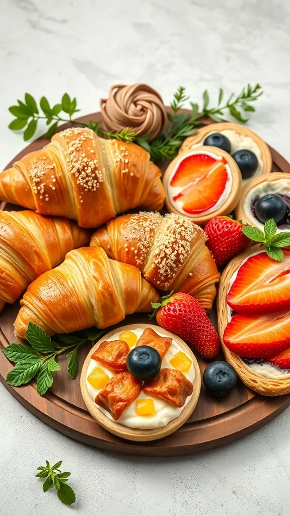 A wooden platter filled with artisan croissants and danishes topped with fresh fruits.