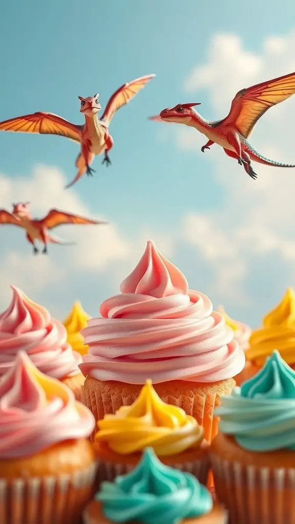 Colorful cupcakes with pterodactyls flying in the sky