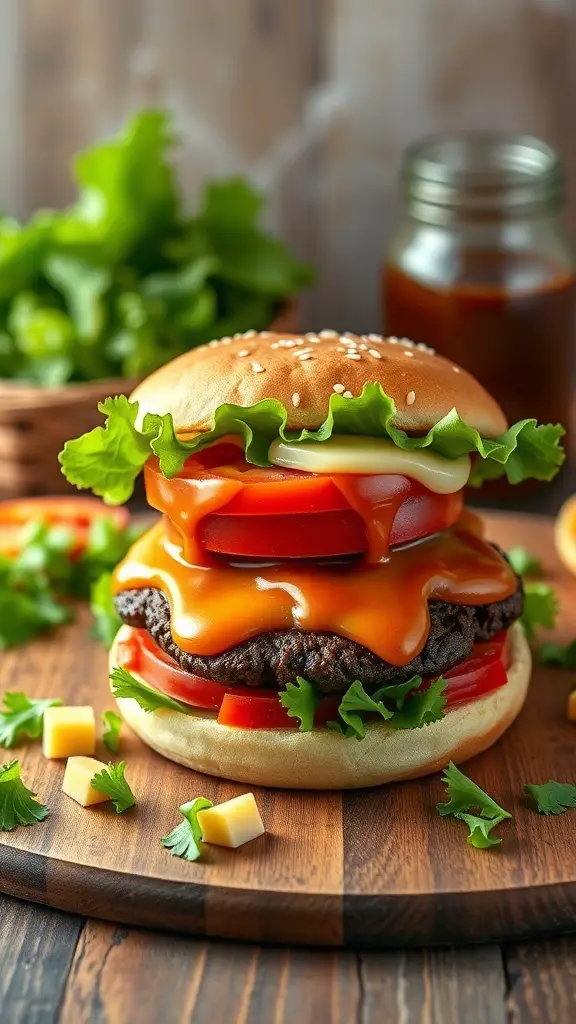 A classic beef burger with lettuce, tomato, cheese, and homemade sauce on a wooden board.