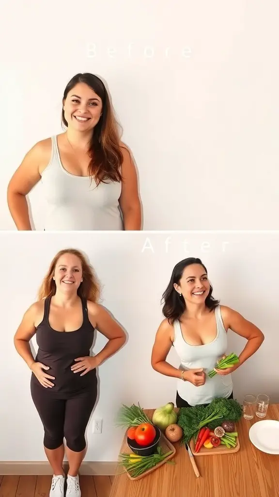 Before and after transformation of two individuals on the DASH diet, showcasing a healthy lifestyle change.