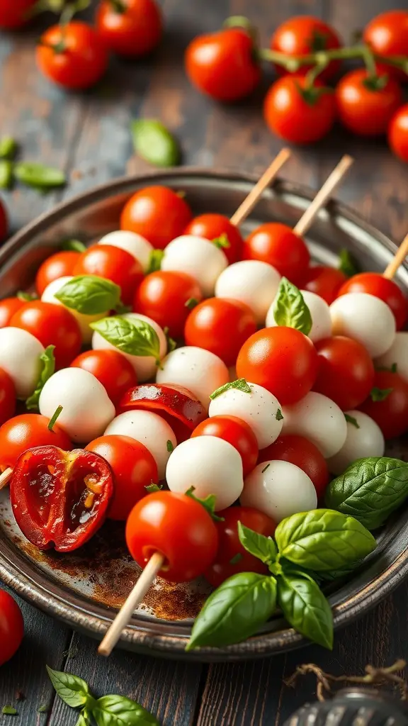 A plate of Caprese salad skewers with cherry tomatoes, mozzarella balls, and fresh basil.