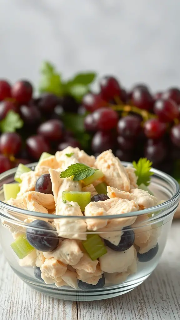 A bowl of Greek Yogurt Chicken Salad with grapes and celery.