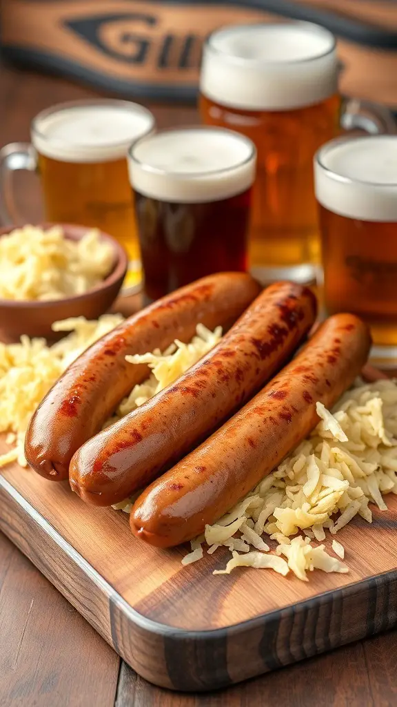 Smoked bratwurst with sauerkraut and beer
