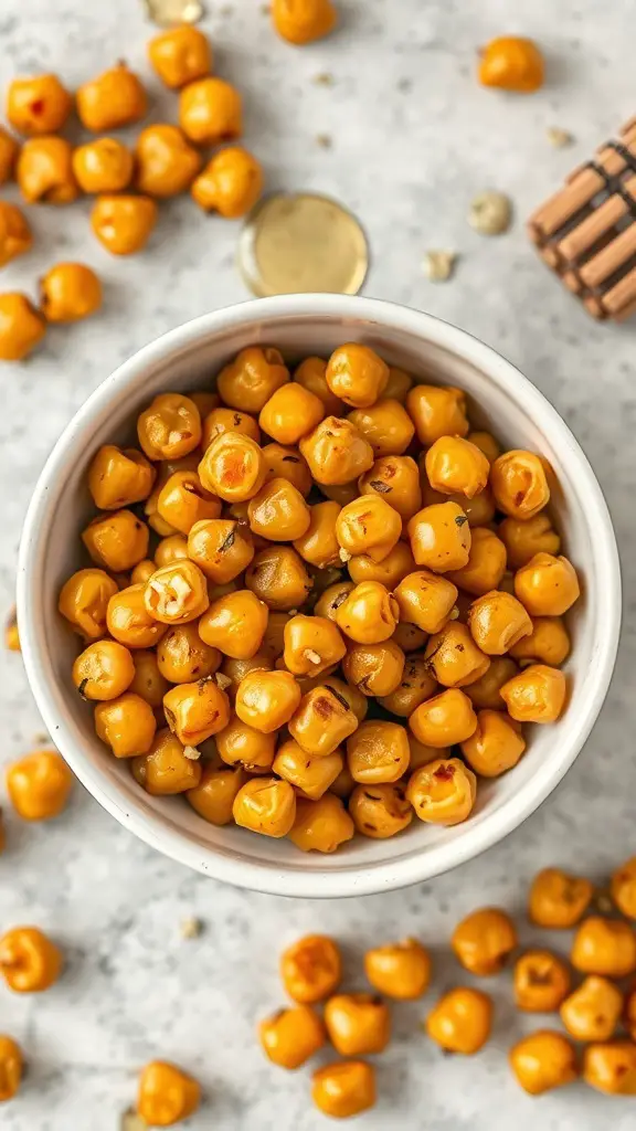 A bowl of honey roasted chickpeas surrounded by scattered chickpeas on a light surface.