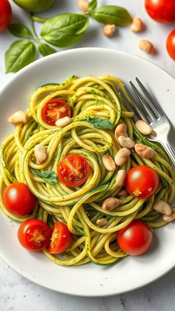 A plate of zucchini noodles with pesto, topped with cherry tomatoes and nuts.