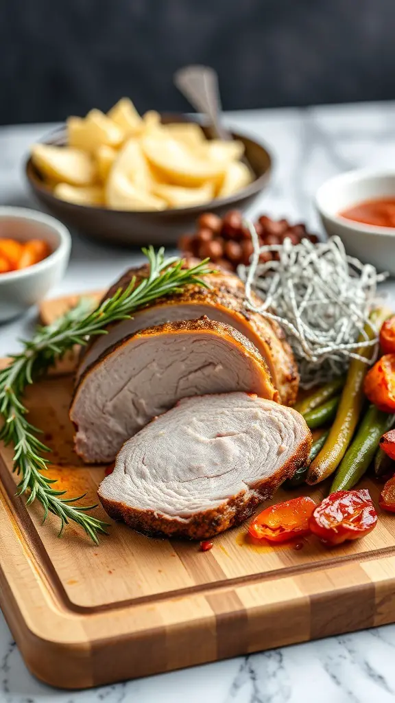 Smoked pork tenderloin sliced on a wooden board with green beans and roasted tomatoes