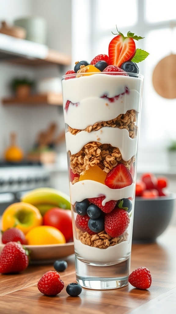 A tall glass filled with Greek yogurt, granola, and mixed berries, with fresh fruits on the side.