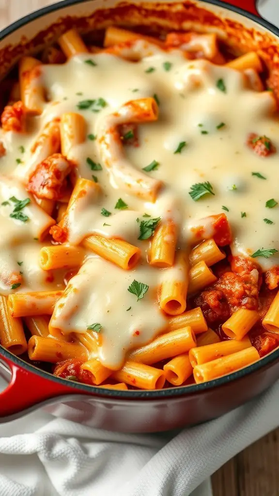 A red Dutch oven filled with baked ziti topped with melted mozzarella cheese and fresh parsley.