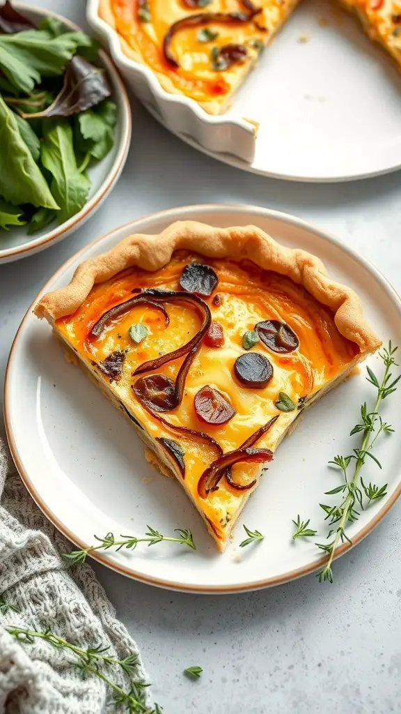 A slice of caramelized onion and Gruyere quiche on a plate, garnished with fresh herbs.