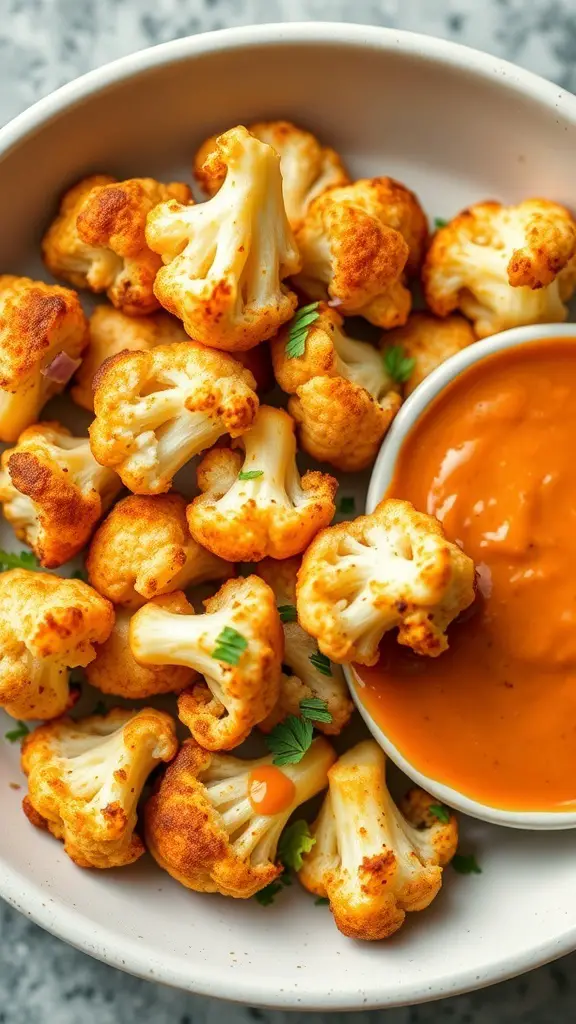A bowl of roasted cauliflower bites served with a dipping sauce