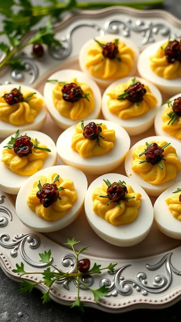 A platter of deviled eggs topped with caviar and garnished with herbs.