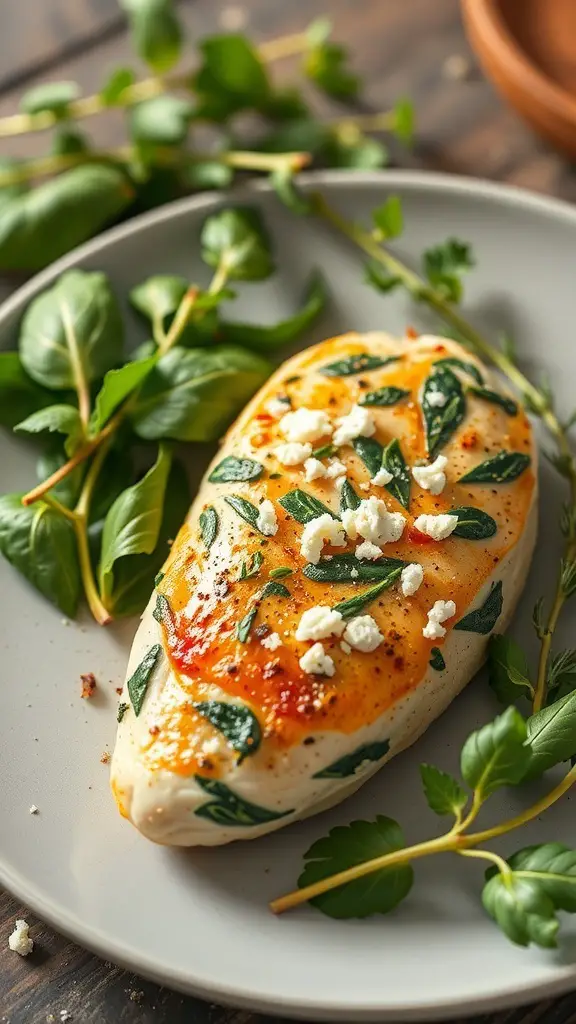 Spinach and feta stuffed chicken on a plate with fresh herbs