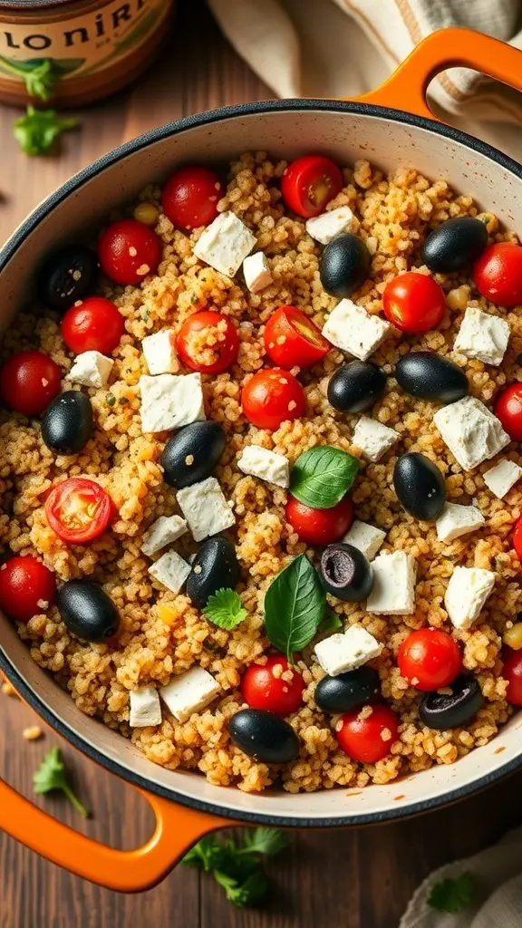 A colorful dish of Mediterranean quinoa with cherry tomatoes, black olives, and feta cheese in a Dutch oven.