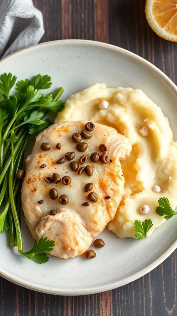 A plate of chicken piccata with lemon mashed potatoes, garnished with capers and parsley.