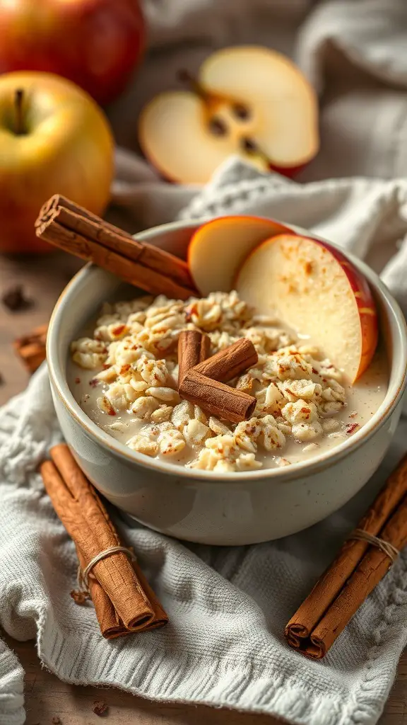 A bowl of cinnamon apple oatmeal topped with apple slices and cinnamon sticks, with fresh apples in the background.