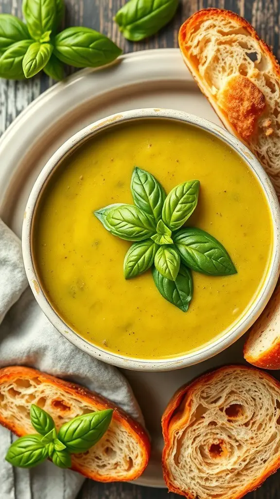 A bowl of green tomato soup garnished with basil leaves, accompanied by slices of crusty bread.