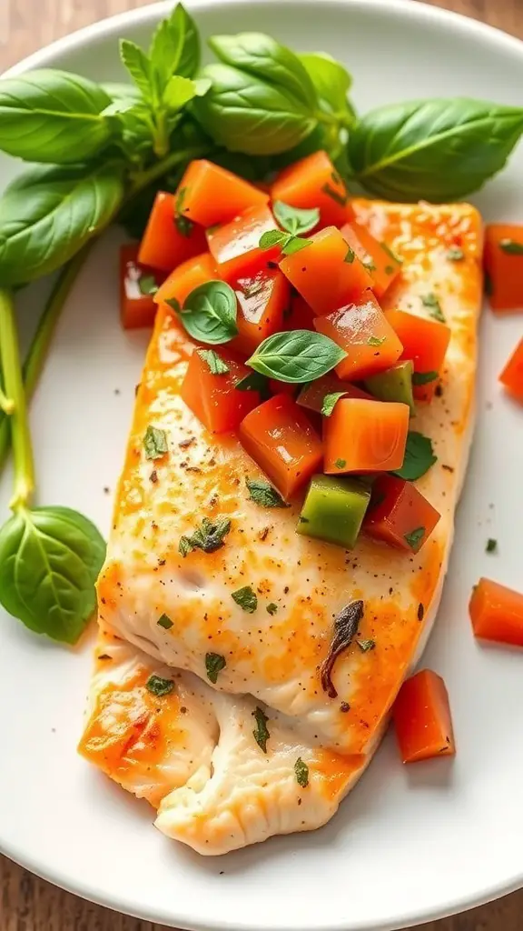 Baked salmon topped with tomato basil salsa and fresh basil leaves on a plate.