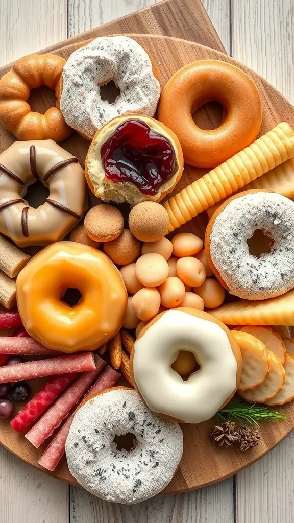 A variety of classic donuts displayed on a wooden board, including glazed, powdered, and jelly-filled options, surrounded by snacks.