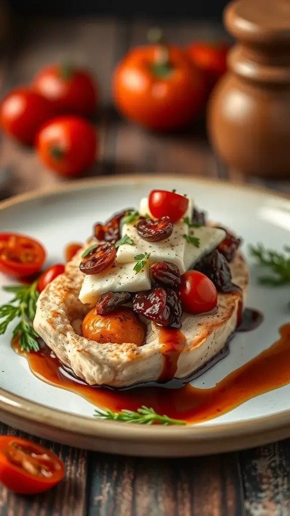 Stuffed chicken breast with sun-dried tomatoes and cheese, garnished with cherry tomatoes on a plate.