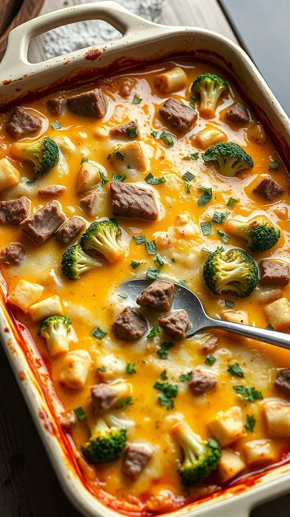 A delicious cheesy beef and broccoli bake with chunks of beef, broccoli, and melted cheese.